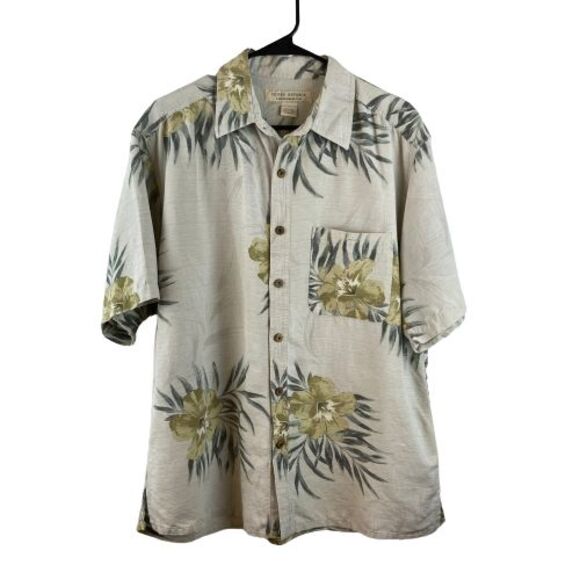 Island Republic Shirt Mens Large Green Floral Hawaiian Short Sleeve Silk - Picture 1 of 5